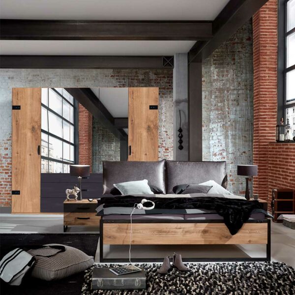 Star Möbel Komplettschlafzimmer Industriestil in Plankeneiche NB Schwarzgrau (vierteilig)