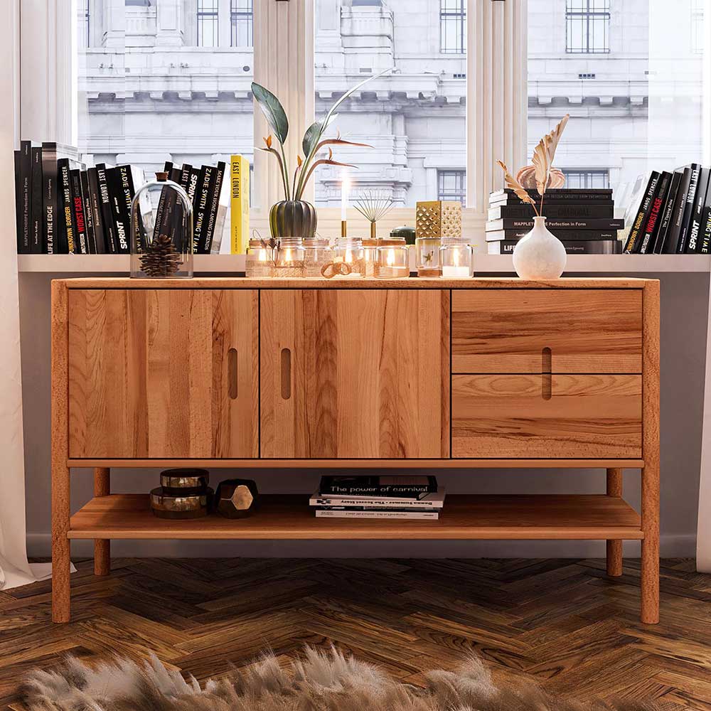 Basilicana Sideboard Wildbuche massiv mit zwei Schubladen Drehtüren