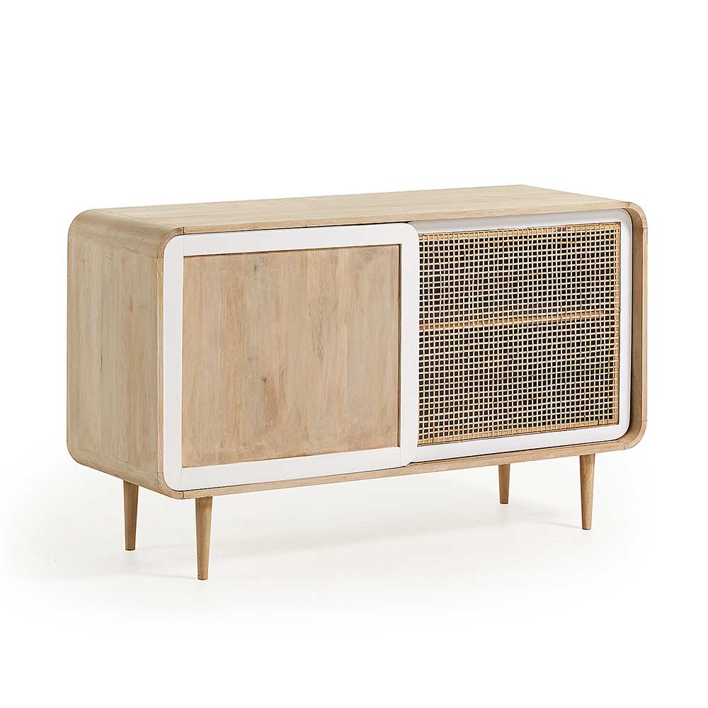 4Home Schiebetüren Sideboard aus Mangobaum Massivholz Rattan