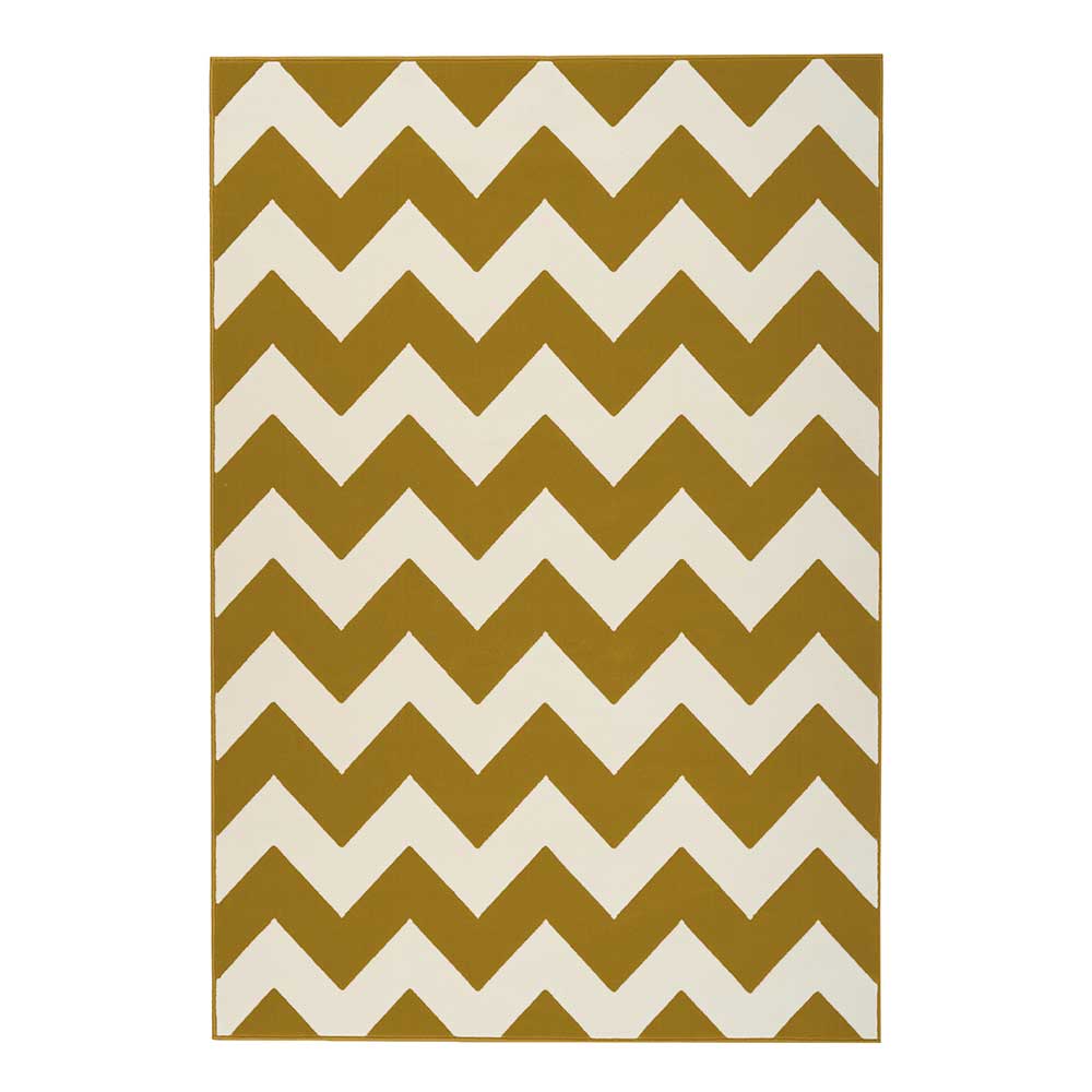 Doncosmo Kurzflor Teppich in Creme Weiß und Goldfarben geometrisch gemustert