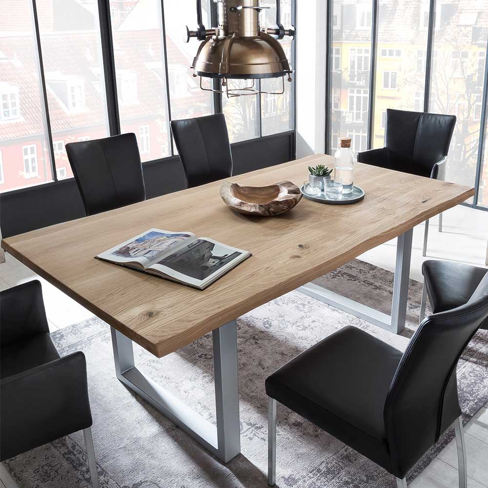 Möbel Exclusive Baumkanten Esszimmertisch aus Wildeiche Massivholz und Metall Loft Design