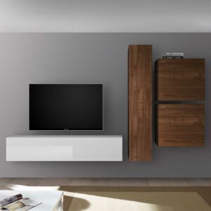 Homedreams TV Wohnwand in Nussbaumfarben und Weiß Hochglanz hängend (vierteilig)