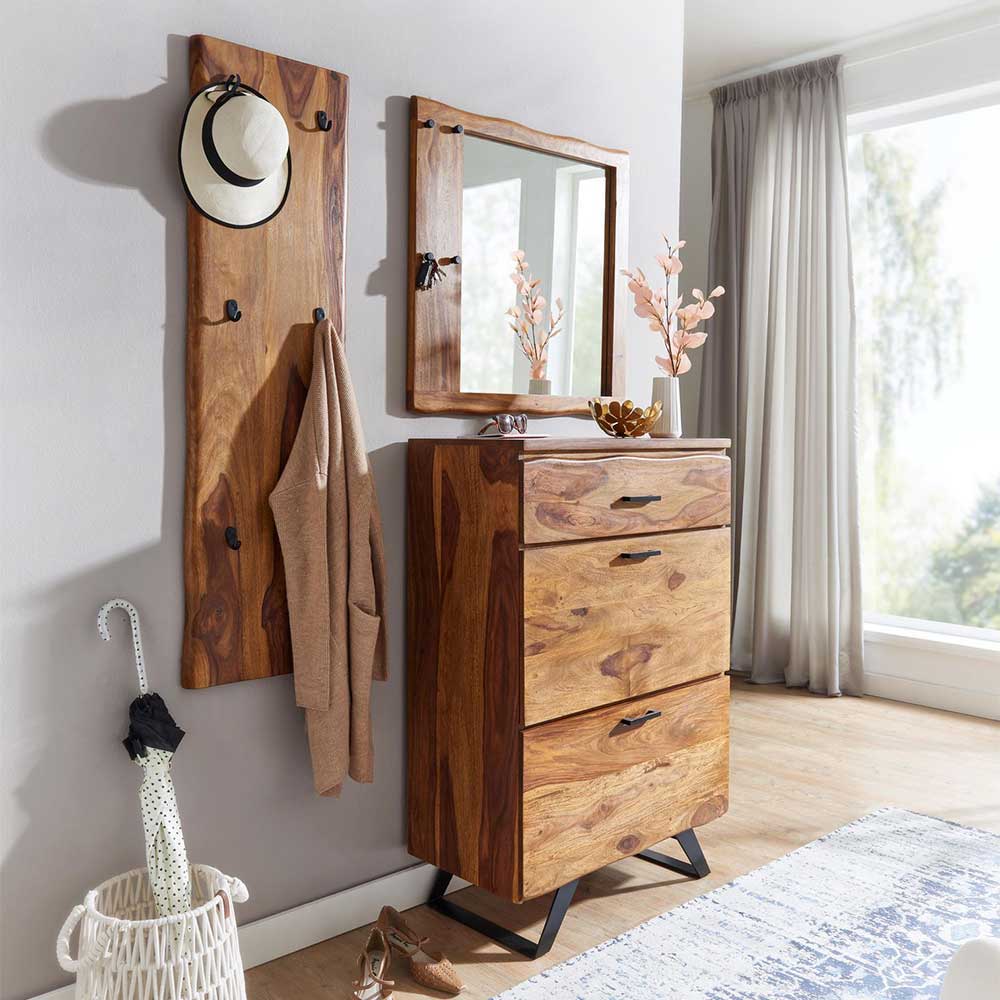 Möbel4Life Massivholz Garderoben Set im rustikalen Stil inklusive Schuhschrank (dreiteilig)