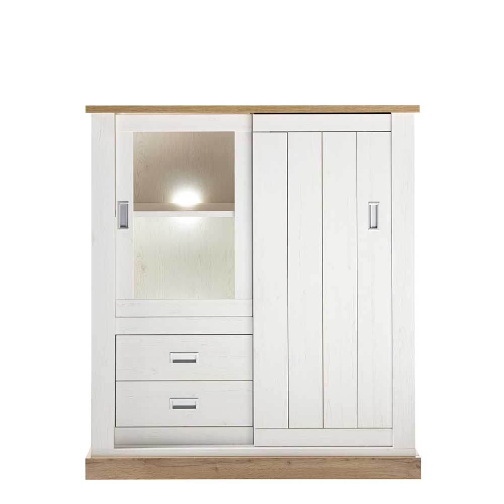 Brandolf Landhaus Highboard Vitrine in Weiß und Wildeiche Optik 140 cm hoch