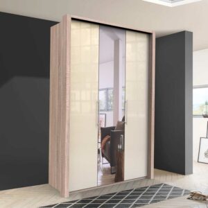 Franco Möbel Kleiderschrank Jugendzimmer mit Falttüren und Spiegel Cremefarben Eiche Sägerau