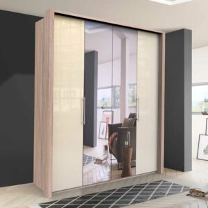 Franco Möbel Spiegel Kleiderschrank mit zwei Falttüren Cremefarben Eiche Sägerau