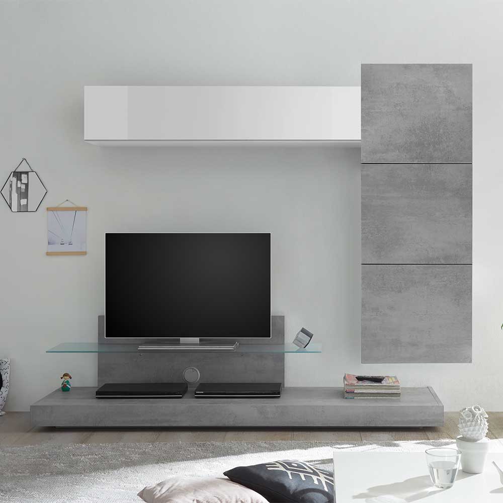 Homedreams Design Schrankwand in Beton Grau und Weiß Hochglanz hängend (fünfteilig)