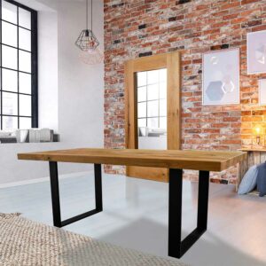 Elegance InLiving Esszimmer Tisch aus Wildeiche Massivholz Stahl Bügelgestell in Schwarz