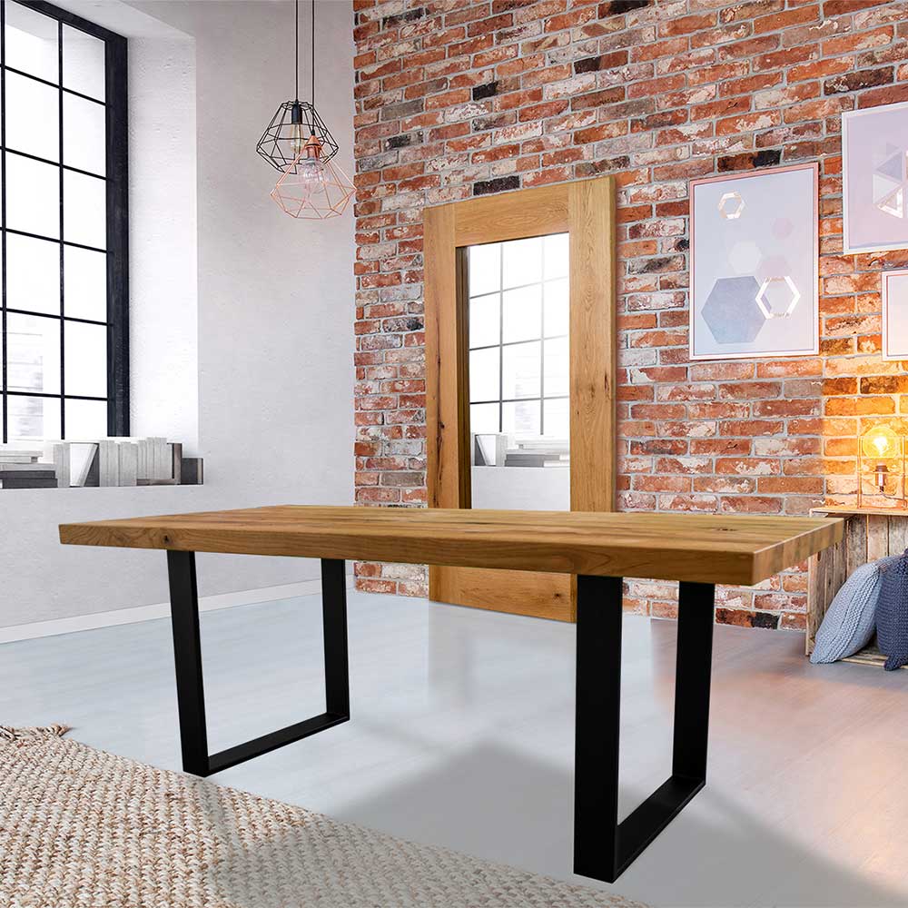 Elegance InLiving Esszimmer Tisch aus Wildeiche Massivholz Stahl Bügelgestell in Schwarz