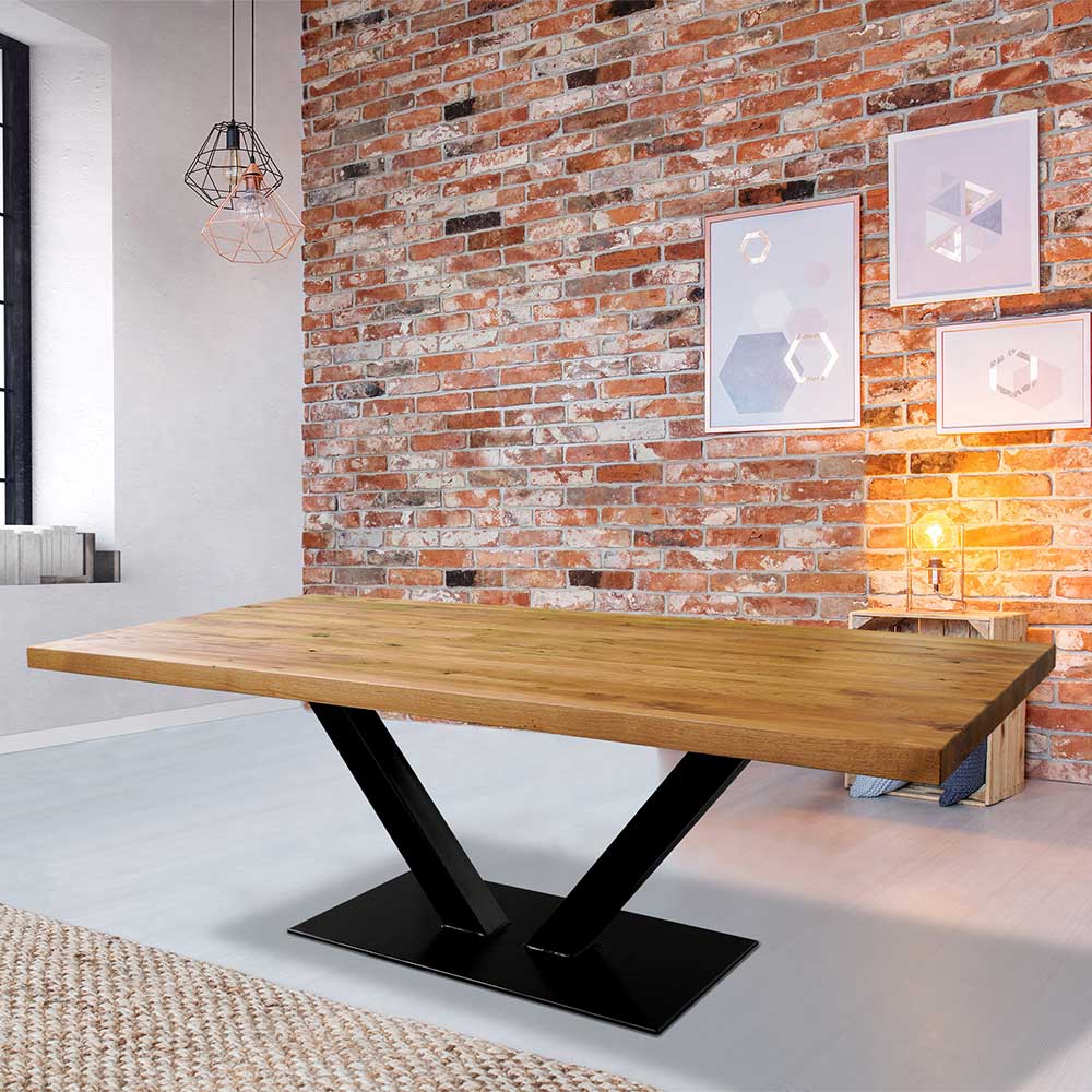 Elegance InLiving Esszimmer Tisch aus Wildeiche Massivholz geölt Metall Fußgestell