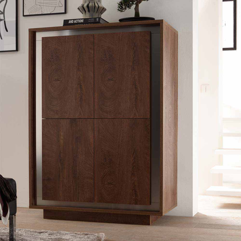 Homedreams Wohnzimmer Highboard in Eiche Cognacfarben Edelstahl