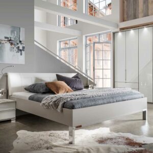 Franco Möbel Bett und Nachtkonsolen in Hellgrau und Weiß LED Beleuchtung