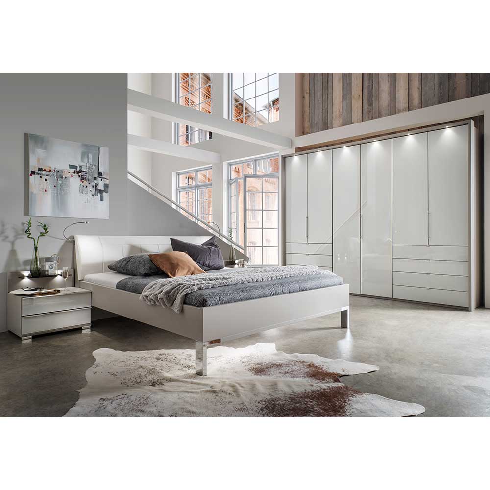 Franco Möbel Schlafzimmer Kombination in Weiß und Hellgrau LED Beleuchtung (vierteilig)