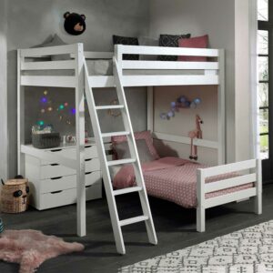 4Home Kinderzimmer Stockbett aus Kiefer Massivholz Weiß Kommode