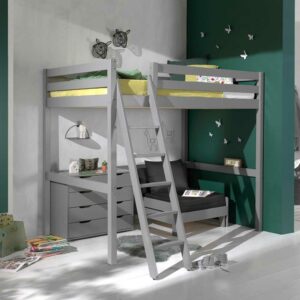 4Home Kinderzimmer Set aus Kiefer Massivholz Grau Sessel und Kommode (dreiteilig)