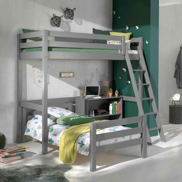 4Home Winkel Kinderdoppelhochbett in Grau Kiefer Massivholz Regal