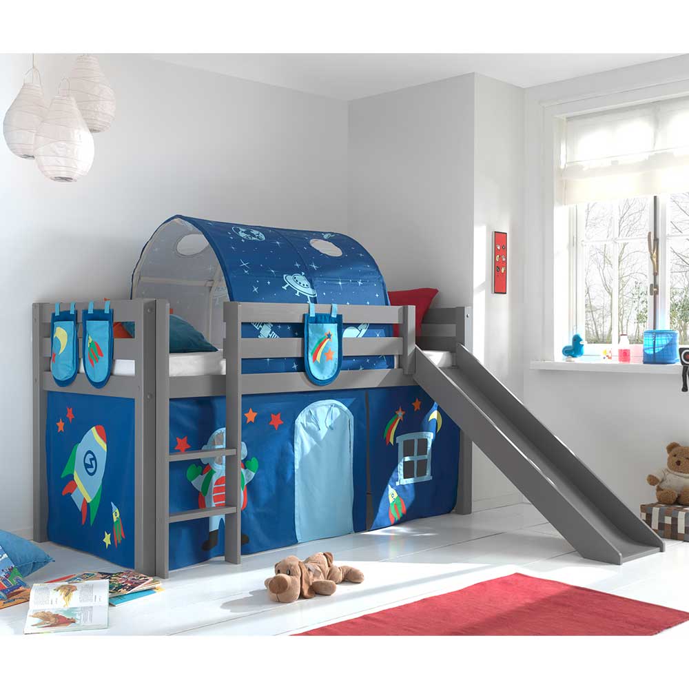 4Home Kinderzimmer Bett in Grau und Blau Kiefer Massivholz
