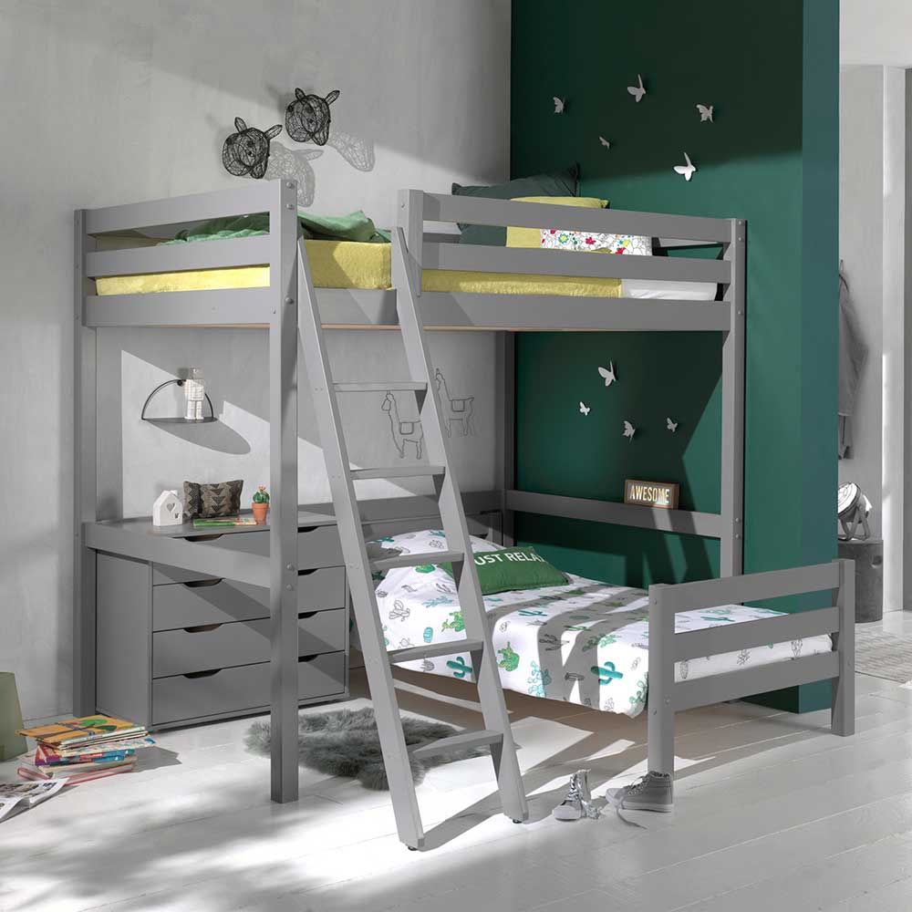 4Home Kinderstockbett aus Kiefer Massivholz Grau Kommode