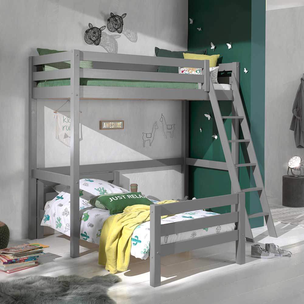 4Home Kinderzimmer Stockbett aus Kiefer Massivholz Grau Leiter
