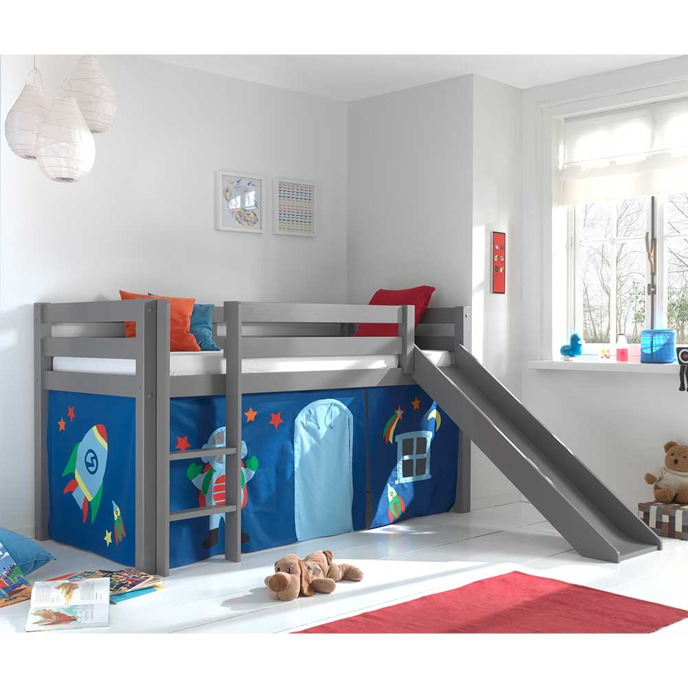 4Home Kinderzimmerbett in Grau und Blau Rutsche und Vorhang