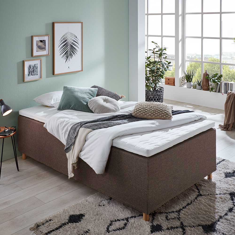 iMöbel Boxspring Bett H3 in Braun Webstoff & Birkenholz