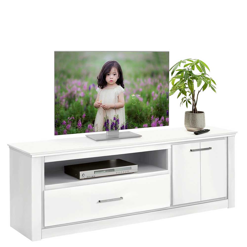 Möbel4Life Unterschrank Fernseher Weiß aus Kiefer Massivholz Offenes Gerätefach