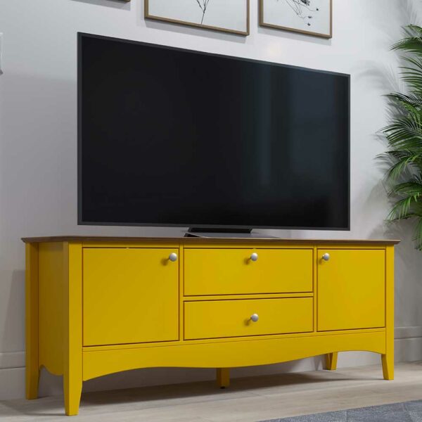 iMöbel Gelbes TV-Lowboard mit Deckplatte aus Kiefer Massivholz 140 cm breit