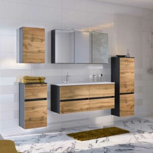 Star Möbel Design Badezimmer Set mit Doppel Waschtisch Wildeiche Optik und Anthrazit (fünfteilig)