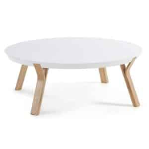 4Home Wohnzimmer Tisch mit runder weißer Tischplatte 4-Fußgestell aus Eiche Massivholz