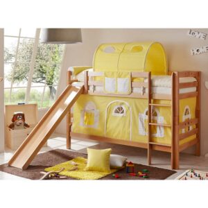 Massivio Kinderzimmer Stockbett aus Buche Massivholz Rutsche und Tunnel in Gelb