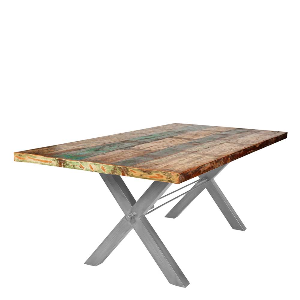 Möbel Exclusive Küchentisch in Bunt Recyclingholz massiv X-Füßen aus Eisen