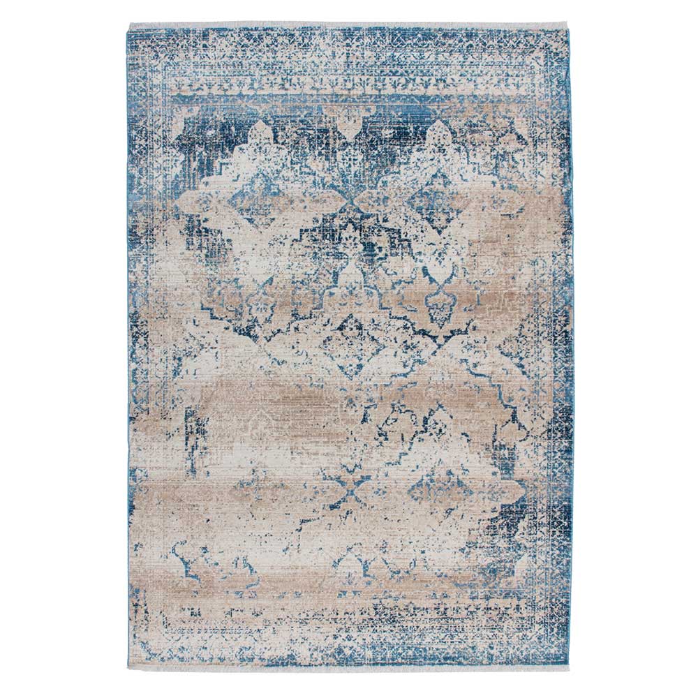 Doncosmo Vintage Design Teppich in Blau und Beige Kurzflor