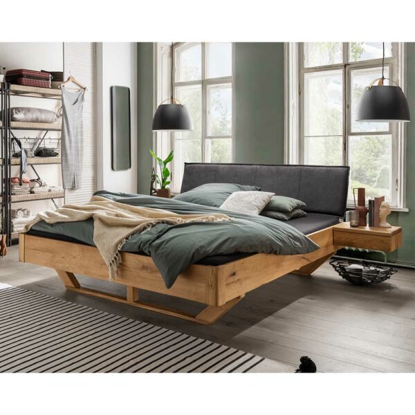 Möbel4Life Wildeiche Bett mit Polsterkopfteil in Anthrazit 43 cm Einstiegshöhe