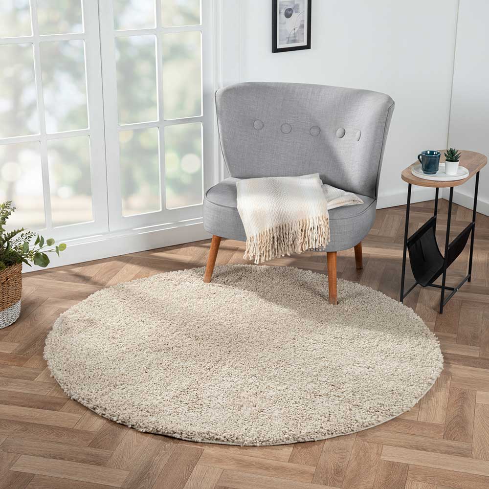 Doncosmo Shaggy Teppich Beige rund in modernem Design 150 cm Durchmesser