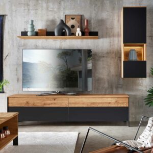 Möbel4Life Design Wohnwand massiv aus Wildeiche Massivholz 240 cm breit (dreiteilig)