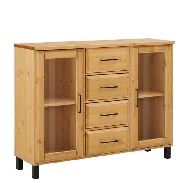 Massivio Kiefer Sideboard mit Glastüren vier Schubladen