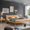 TopDesign Modernes Massivholz Bett in Wildbuchefarben Vierfußgestell aus Metall