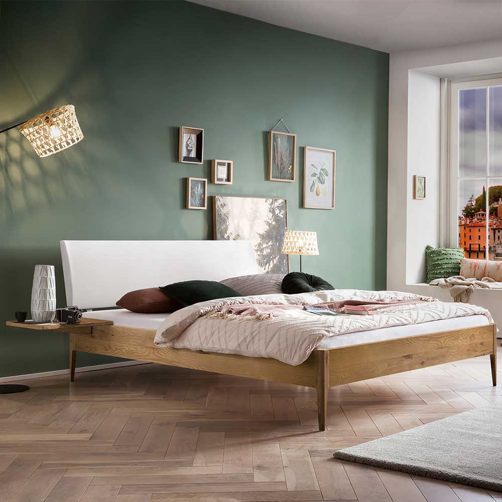 TopDesign Bett mit Polsterkopfteil Weiß aus Wildeiche Massivholz 140x200
