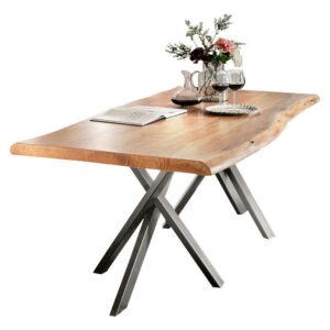 Möbel Exclusive Baumkantentisch aus Akazie Massivholz Stahl Silberfarben antik