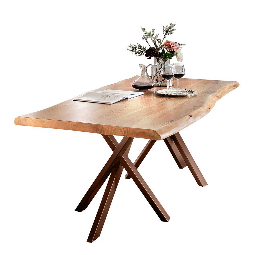 Möbel Exclusive Baumkantentisch aus Akazie Massivholz antik Braun Stahl