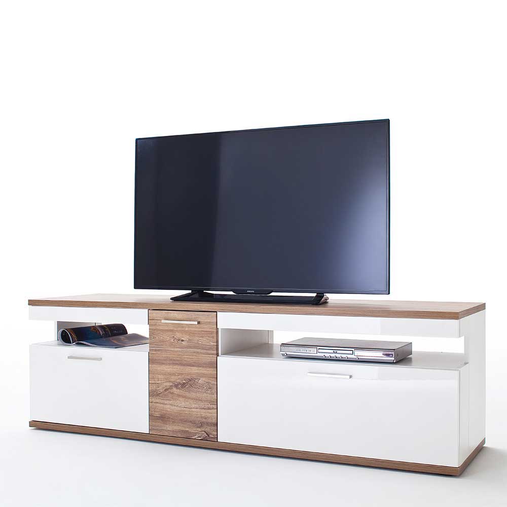 TopDesign TV Lowboard in Weiß Hochglanz und Eiche Dekor 180 cm breit