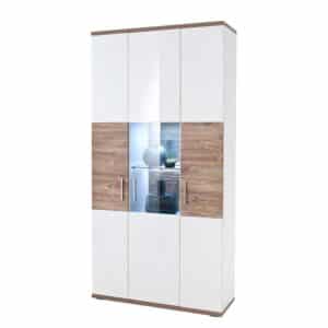 TopDesign Kombi Vitrine in Weiß Hochglanz und Eiche Dekor 100 cm breit