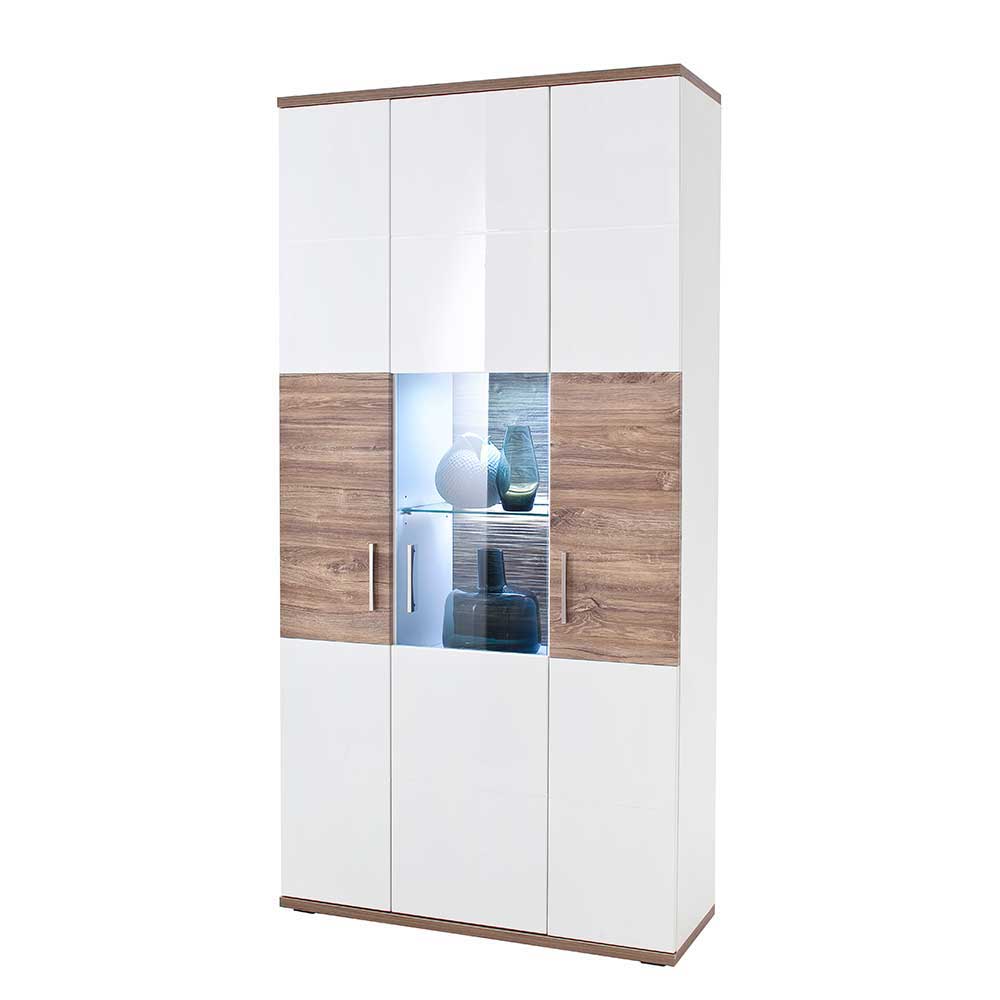 TopDesign Kombi Vitrine in Weiß Hochglanz und Eiche Dekor 100 cm breit