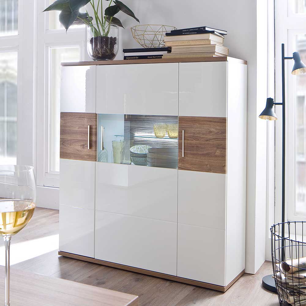 TopDesign Wohnzimmer Highboard in Weiß hochglänzend und Eiche Dekor 120 cm breit