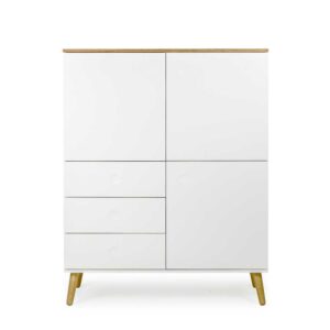 Doncosmo Highboard grifflos Weiß mit Eiche furniert