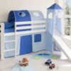 Massivio Kinderhochbett aus Kiefer Massivholz mit Rutsche und Turm