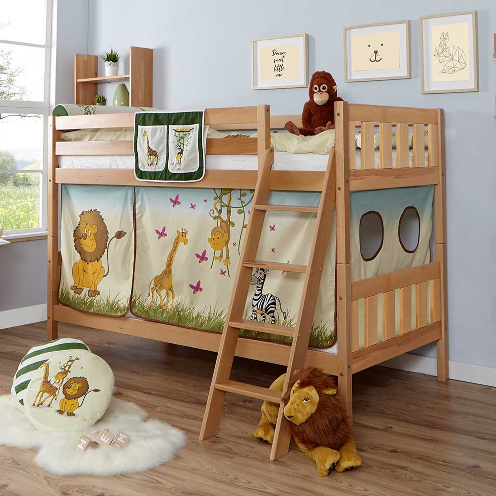 Massivio Kinderzimmer Stockbett aus Buche Massivholz Vorhang im Zootier Design