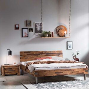 TopDesign Doppelbett aus Akazie Massivholz und Eisen Antik Finish