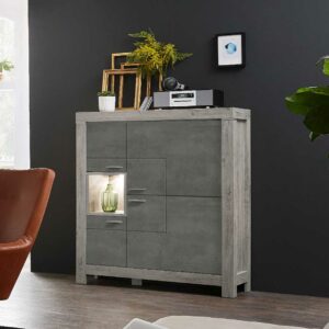 BestLivingHome Wohnzimmer Highboard in Beton Grau und Eiche dunkel Beleuchtung