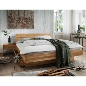 Life Meubles Bett aus Wildeiche Massivholz geölt Schubkasten und Nachtkommoden (dreiteilig)